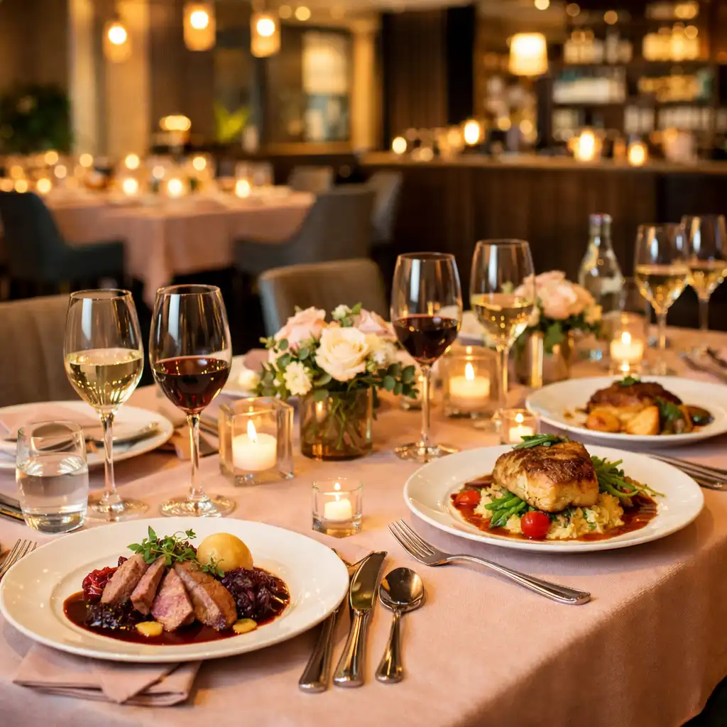 Fine dining fogás elegáns terítékkel, céges vacsora hangulatában