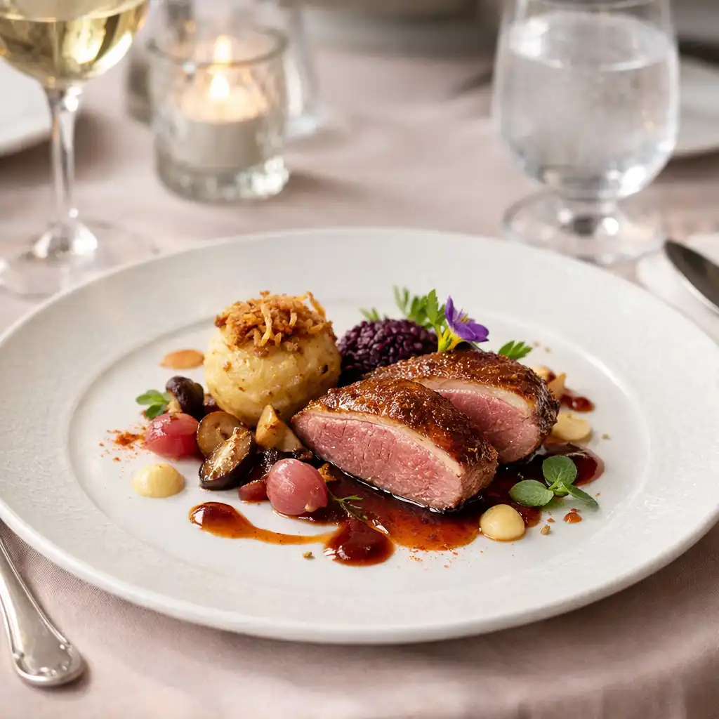 Elegánsan tálalt fine dining fogás a Distractie Offline étterem asztalán
