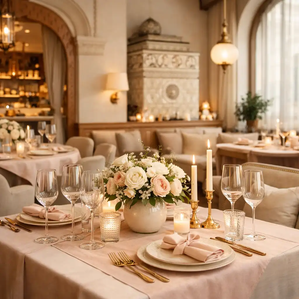 Prémium belső terek, elegáns asztalterítékek és pasztell dekoráció a Distractie Offline rendezvényhelyszínen